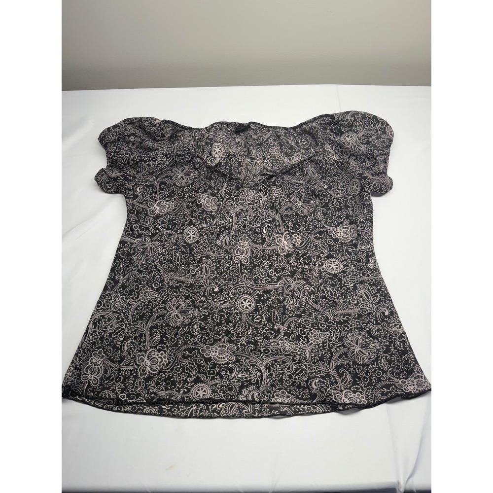 Studio Y Womens Black White Paisley Ruffle Puff Sleeve Blouse Top